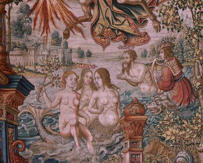 Flanderin kuvakudos. Sarja The Honours. Fame (La Fama). Sarjan kolmas kuvakudos. Mallisarjakuvapiirtäjät Bernard van Orleyn ja Jan Gossaertin (Mabuse) piiristä. Valmistus Pieter van Aelst, Bryssel. Noin 1550. Kangas Kulta, hopea, silkki ja villa. tekijältä Bernaert van (circle of) Orley