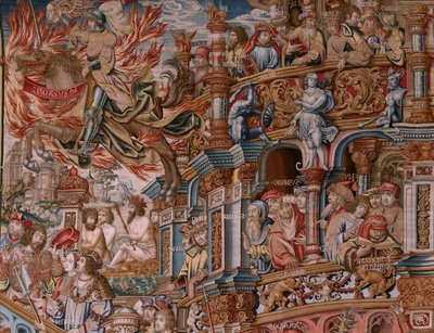 Flanderin kuvakudos. Sarja The Honours. Fame (La Fama). Sarjan kolmas kuvakudos. Mallisarjakuvapiirtäjät Bernard van Orleyn ja Jan Gossaertin (Mabuse) piiristä. Valmistus Pieter van Aelst, Bryssel. Noin 1550. Kangas Kulta, hopea, silkki ja villa. tekijältä Bernaert van (circle of) Orley