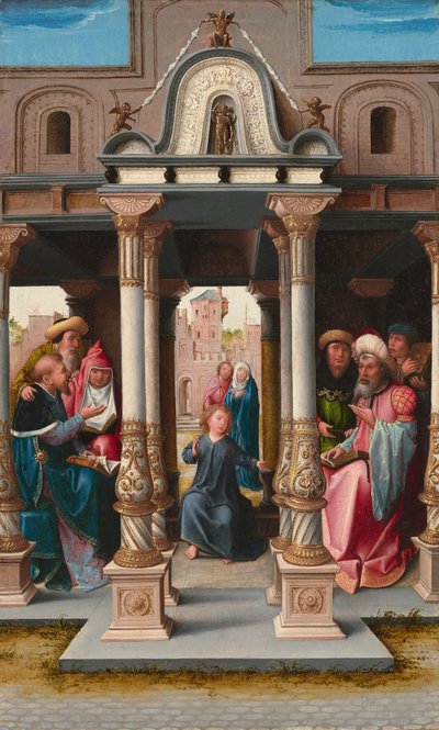 Kristus lääkäreiden joukossa [kannepuoli], n. 1513. tekijältä Bernaert van Orley