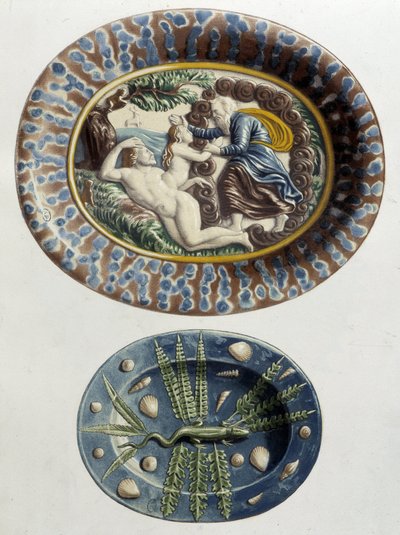 Jumala luo Aadamin reiden Eevan; Lizard - Keraamiset astiat, C. Delangen ja C. Bornemanin teoksessa "The work of Bernard Palissy", Pariisi tekijältä Bernard (after) Palissy