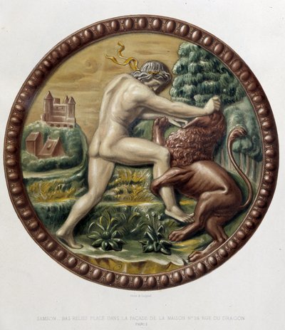 Simson taistelee leijonaa vastaan ​​- keraaminen bareljeef, C. Delangen ja C. Bornemanin teoksessa "Bernard Palissyn teos", Pariisi tekijältä Bernard (after) Palissy
