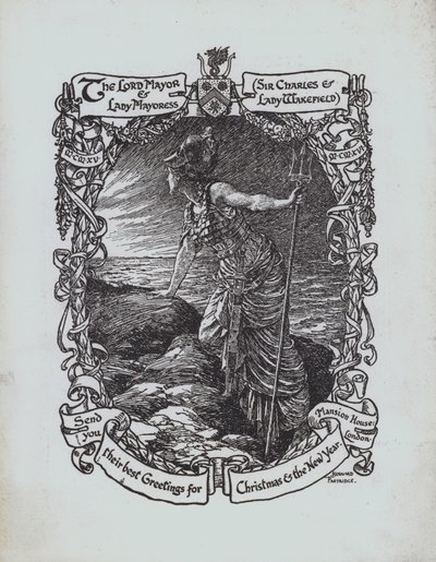 Britannia katselee merelle, ensimmäisen maailmansodan joulutervehdyskortti Lontoon Lord Mayorilta ja Lady Mayoressilta, Sir Charlesilta ja Lady Wakefieldiltä tekijältä Bernard (after) Partridge