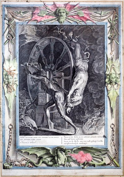 Ixion sidottu ikuisesti pyörivään tuliseen pyörään (värillinen kaiverrus) tekijältä Bernard (after) Picart