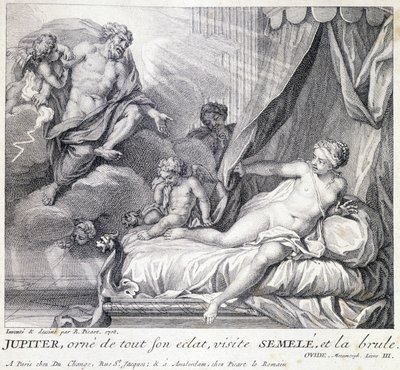 Jupiter (Zeus) polttaa Semelen salamallaan. Kaiverrus 1700-luvulta B. Picartin vuonna 1708 tehdyn piirustuksen jälkeen. tekijältä Bernard (after) Picart