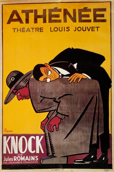 Jules Romainin "Knock" -esityksen juliste Louis Jouvet -teatterissa - 1900-luvun kuvitus: Bernard Becan (Bernhard Kahn) (1890-1943) - Pariisi, Theatre de l