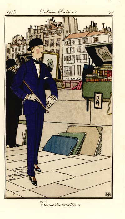 Homem de terno, chapéu-coco e bengala passando por livrarias no Sena. Traje da manhã. Pochoir (estêncil) colorido à mão após uma ilustração de Bernard Boutet de Monvel do Journal des Dames et des Modes de Tommaso Antongini, Aux Bureaux du Journafinnish tekijältä Bernard Boutet de Monvel