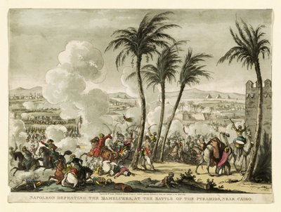 Napoleon voitti Mamelukit pyramidien taistelussa lähellä Kairoa, kaiverrus George Cruikshank (1769-1823), pub. 1823 (käsinvärinen kaiverrus) tekijältä Bernard Edouard Swebach