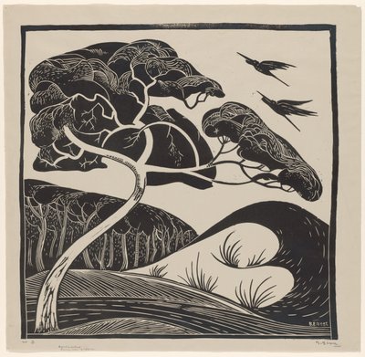 Dyynimaisema (otsikko esineessä) Puu, jossa on 2 haikaroita (otsikko esineessä) tekijältä Bernard Essers (signed by artist)