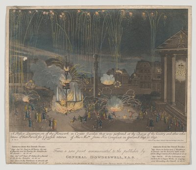 Ilotulitus Covent Gardenissa, 1809 (etsaus ja akvatintta, käsin värjätty) tekijältä Bernard II Lens