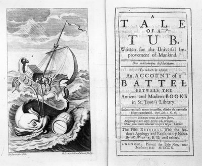 Jonathan Swiftin A Tale of a Tub etukappale ja otsikkosivu, kaiverrus John Sturt, 1704 tekijältä Bernard II Lens