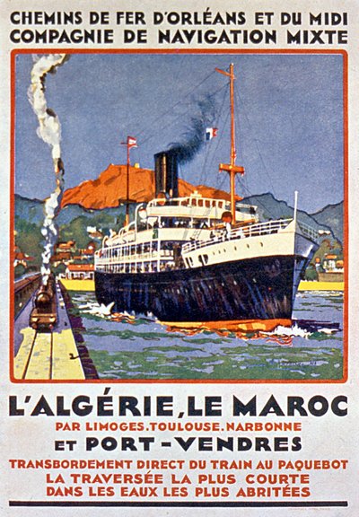 Mainosjuliste Ranskan rautateille, jotka kulkevat Algeriaan ja Marokkoon Ranskasta Limogesin, Toulousen, Narbonnen ja Port Vendresin kautta noin 1900. tekijältä Bernard Lachevre