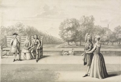 Figuurit Long Waterin rannalla, Hampton Court Palace (harmaa pesu kynällä ja musteella kynällä paperilla) tekijältä Bernard Lens