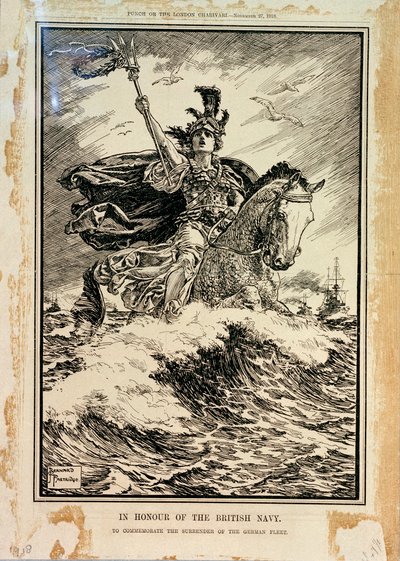 Britannian laivaston kunniaksi. Saksan laivaston antautumisen kunniaksi. Punch-lehden etukansi, 27. marraskuuta 1918. tekijältä Bernard Partridge