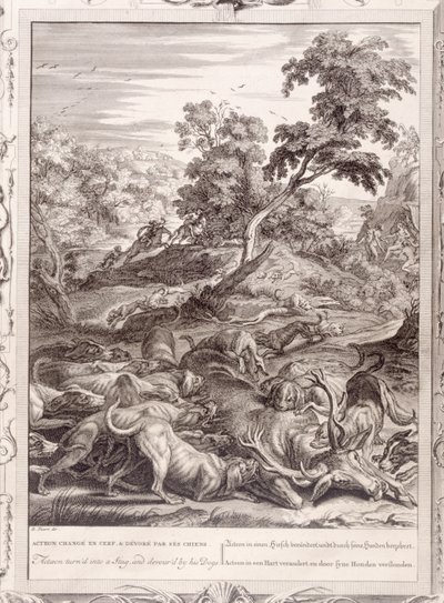 Actaeon muuttui hirvieläinksi ja koiransa syömäksi, 1731 tekijältä Bernard Picart