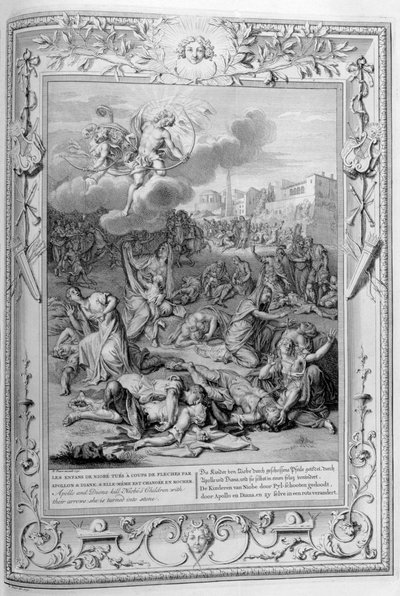 Apollo ja Diana tappavat Nioben lapset nuoleillaan, 1733 tekijältä Bernard Picart