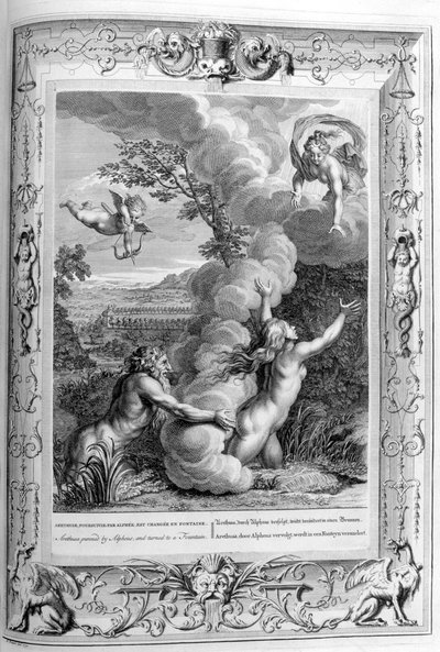 Alfeuksen jahtaama Arethusa, josta tuli suihkulähde, 1733 tekijältä Bernard Picart