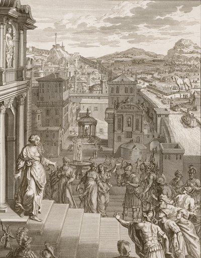 Cassandra ennustaa troijalaisten kohtalonsa, eikä häntä uskota, 1731 tekijältä Bernard Picart