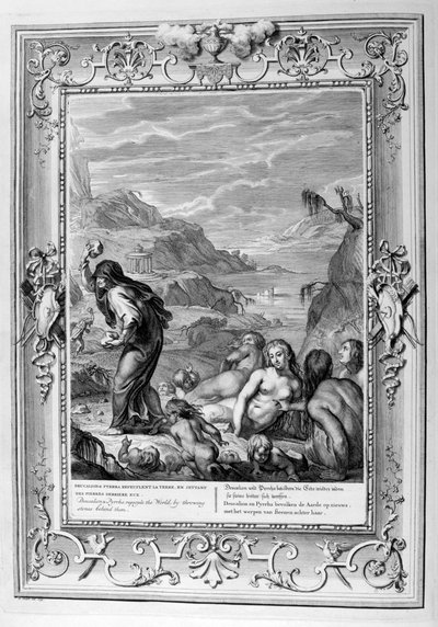 Deucalion ja Pyrrha valtaavat maailman heittämällä kiviä taakseen, 1733 tekijältä Bernard Picart
