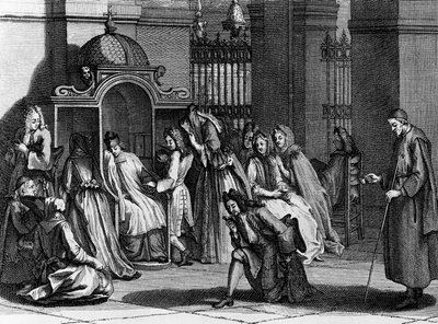 Uskollinen odottaminen tunnustuspajan edessä, Bernard Picartin (1673-1733) kaiverrus maailman kaikkien kansojen uskonnollisista seremonioista ja tavoista tekijältä Bernard Picart
