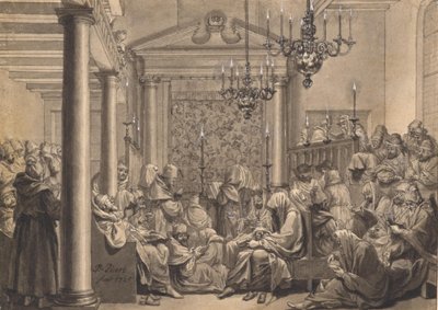Suuri sovituspäivä Obbene-synagogassa Amsterdamissa tekijältä Bernard Picart