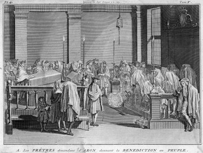 Israelin ylipappi, joka kuuluu juutalaisiin pappiperheisiin, jotka jäljittelevät isän sukunsa Aaroniin, antavat siunauksensa juutalaiselle kansalle Kaiverrus "" Illustration de ceremonies et customs religieuses de tous les peuples du monde" by B. tekijältä Bernard Picart