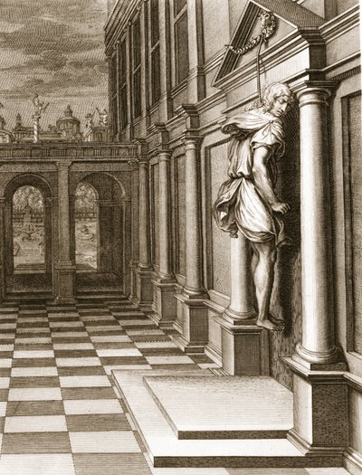 Iphis hirttää itsensä epätoivoon, koska hän ei voinut voittaa Anaxaretea, 1731 tekijältä Bernard Picart