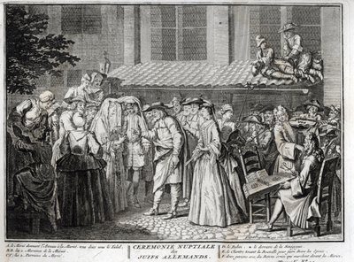 Juutalaiset häät juutalaissaksalaisessa yhteisössä Bernard Picartin (1723-1743) kaiverrus "" Illustration de ceremonies et customs religieuses de les peuples du monde" tekijältä Bernard Picart