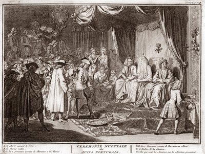 Juutalaiset häät portugalilaisessa juutalaisessa yhteisössä Kaiverrus aiheesta "" Kuvitus maailman kaikkien kansojen seremonioista ja uskonnollisista tavoista"" Bernard Picart (1723-1743) 1819 Yksityinen kokoelma tekijältä Bernard Picart