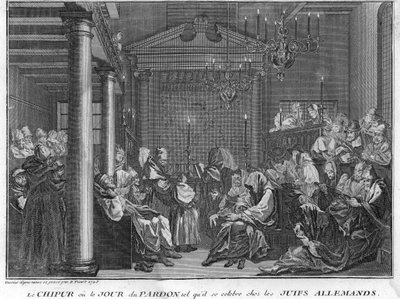 Juutalaisuus: Chipurin juhla Saksan juutalaisten keskuudessa (Yom Kippur, juutalaisten sovituspäivä) Kaiverrus Bernard Picartin (1723-1743) "Seremonioiden ja uskonnollisten tapojen kuvauksesta" Bernard Picartin (1723-1743) 1819 Yksityinen kokoelma tekijältä Bernard Picart