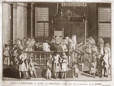 Juutalaisuus: Tooran esittely synagogassa ennen lukemista) Kaiverrus Bernard Picartin (1723-1743) kuvasta "Illustration de ceremonies et customs religieuses de tous les peuples du monde" 1819 Yksityinen kokoelma tekijältä Bernard Picart