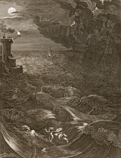 Leander ui Hellespontin yli tavatakseen rakastajatar sankarinsa, 1730 tekijältä Bernard Picart