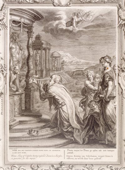 Kalydonin kuningas Oeneus, joka on laiminlyönyt Dianan uhrin, saa rangaistuksen epärehellisyydestään, 1731. tekijältä Bernard Picart