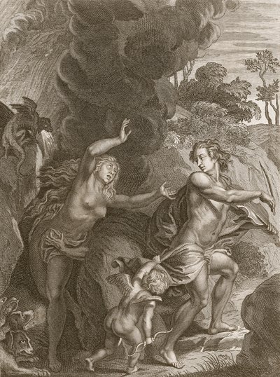 Orpheus, joka johtaa Eurydicen ulos helvetistä, katsoo takaisin häneen ja menettää hänet ikuisesti, 1731 tekijältä Bernard Picart
