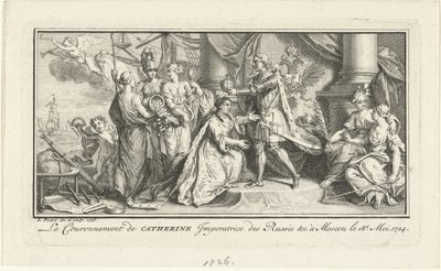 Pietari Suuri kruunaa vaimonsa Katariina I keisarinnaksi, 1726 tekijältä Bernard Picart