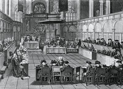 Protestanttinen synodi pidettiin vuonna 1730 Nieuwe Kerkissä (uusi kirkko) Amsterdamissa, Alankomaissa, kaiverrus Bernard Picart (1673-1733) tekijältä Bernard Picart