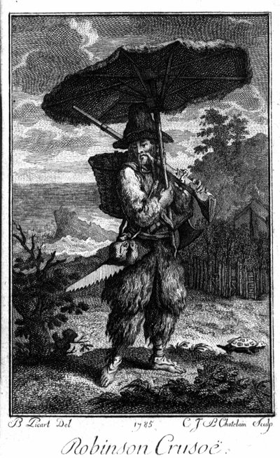 Edustus Robinson Crusoesta hänen autiomaassa. Bernard Picartin (1673-1733) kaiverrus, joka kuvaa Daniel Defoen tai De Foen (1660-1731) romaania tekijältä Bernard Picart