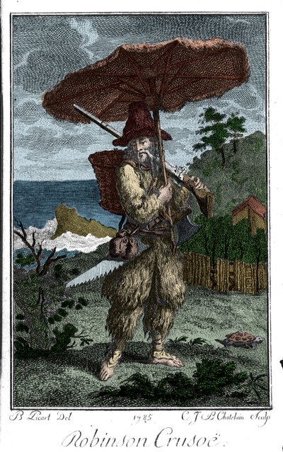 Edustus Robinson Crusoesta hänen autiomaassa. Bernard Picartin (1673-1733) kaiverrus, joka kuvaa Daniel Defoen tai De Foen (1660-1731) romaania tekijältä Bernard Picart