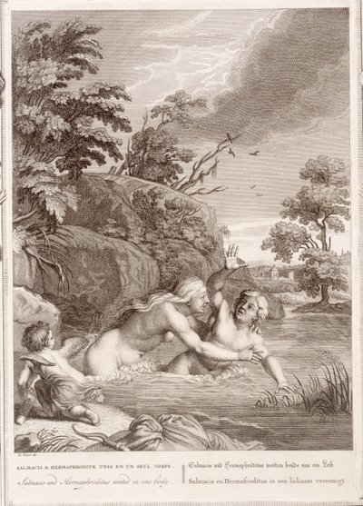 Salmacis ja Hemaphroditus yhdistyivät yhdessä ruumiissa, 1731 tekijältä Bernard Picart