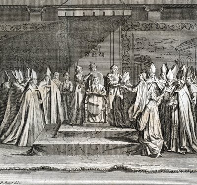 Paavin juhlallinen vihkiminen "" Representation du coronation du pope"" (paavin virkaanastujaiset: paavin kruunajaiset) Kaiverrus Bernard Picartin (1723-1743) kuvasta "Kuvaus maailman kaikkien kansojen seremonioista ja uskonnollisista tavoista" tekijältä Bernard Picart