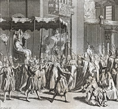 Paavin juhlallinen vihkiminen: kankaan polttaminen) Kaiverrus Bernard Picartin (1723-1743) teoksesta "Illustration de ceremonies et customs religieuses de tous les peuples du monde" 1819 Yksityinen kokoelma tekijältä Bernard Picart
