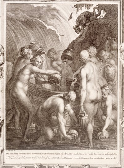 Danaidit, jotka on tuomittu täyttämään tylsiä aluksia vedellä, 1730 tekijältä Bernard Picart