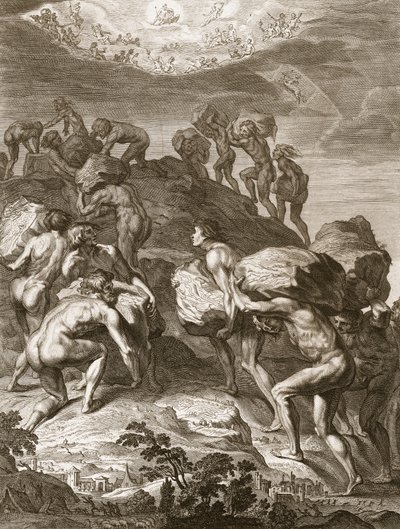 Jättiläiset yrittävät kiivetä taivaaseen kasaamalla vuoria toistensa päälle, 1731. tekijältä Bernard Picart