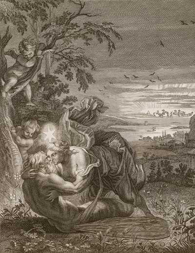 Tithonus, Auroran aviomies, muuttui heinäsirkkaksi, 1731 tekijältä Bernard Picart