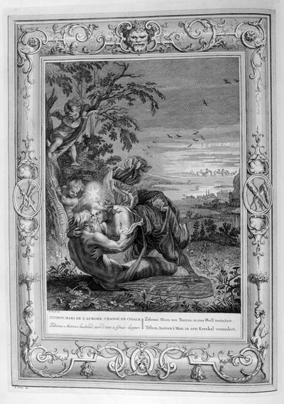 Tithonus, Auroran aviomies, muuttui heinäsirkkaksi, 1733 tekijältä Bernard Picart
