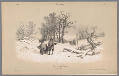 Perhe kerää puuta lumesta Maaseutuelämän kuvaukset (sarjan nimi) La kampanja. Etudes varieés aux deux Crayons (sarjan nimi esineellä) tekijältä Bernard Romain Julien