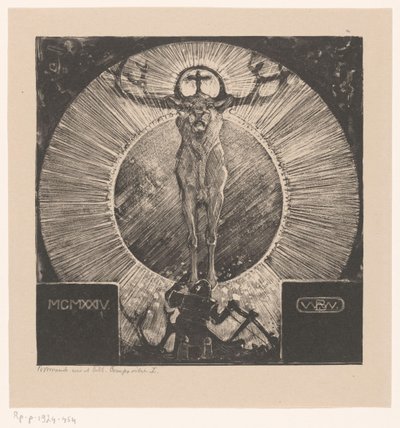 Kuva peuran ulkonäöstä Pyhän Hubertuksen visio (Sävellys I) (alkuperäinen nimi) tekijältä Bernard Willem Wierink (signed by artist)