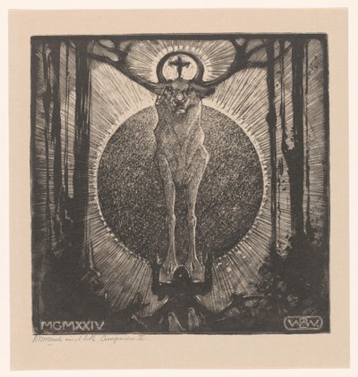 Polvistuva hahmo hirven ulkonäön edessä Pyhän Hubertuksen visio (Sävellys II) (alkuperäinen nimi) tekijältä Bernard Willem Wierink (signed by artist)