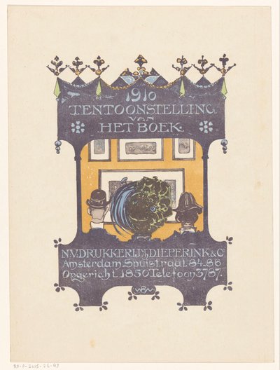 Amsterdamin kivi- ja kirjapainoyrityksen Dieperink & Co:n mainos 1910 Kirjan näyttely (nimi esineessä) tekijältä Bernard Willem Wierink
