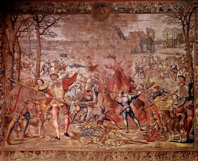 Maximilienin metsästykset nimeltä "Kauniit Guisen metsästykset": tammikuu, Vesimies, villisian metsästys, flambee, cure - Bernard van Orleyn (Barend, Barent, Bernaert van Brussel) flaamilaisissa työpajoissa tekemä kuvakudos tekijältä Bernard van (after) Orley