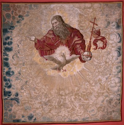 Flanderin kuvakudos. Kaarle V:n sarja Dais (Itävallan Margaretan baldakin). Isä Jumala ja Pyhä Henki (El Padre Eterno y el Espíritu Santo). Tapetti baldachin ja päivänkakkara. Malli Bernard van Orley (1491-1542). Valmistus Pieter de Pannemaker, tekijältä Bernard van Orley